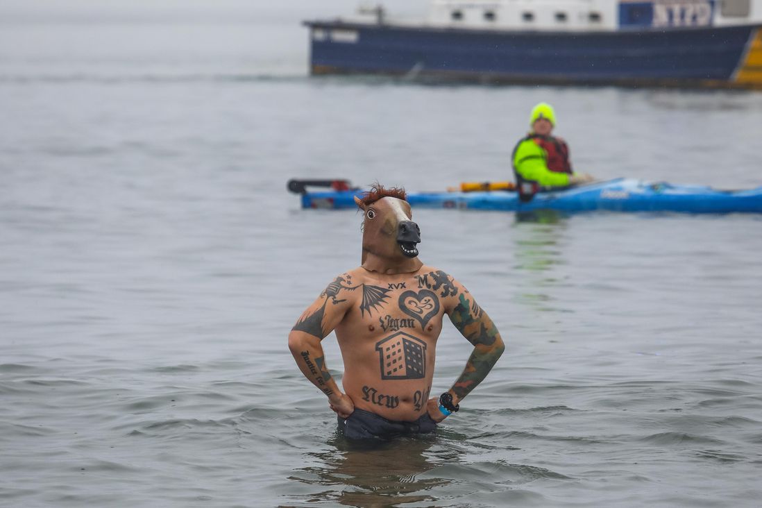 Swimmers brave the Atlantic Ocean in Coney Island